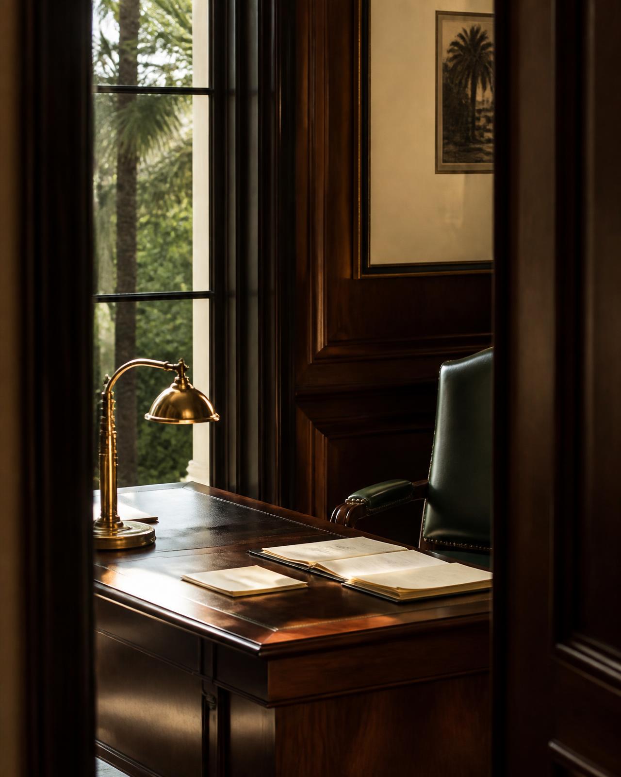 Private estate law office with mahogany desk and brass lamp